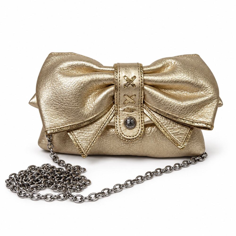 Brighton Becca Bow Mini Leather Crossbody Clutch Metallic Gold Womens Purse